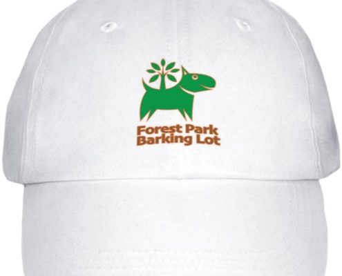 White cap with Forest Park Barking Lot logo